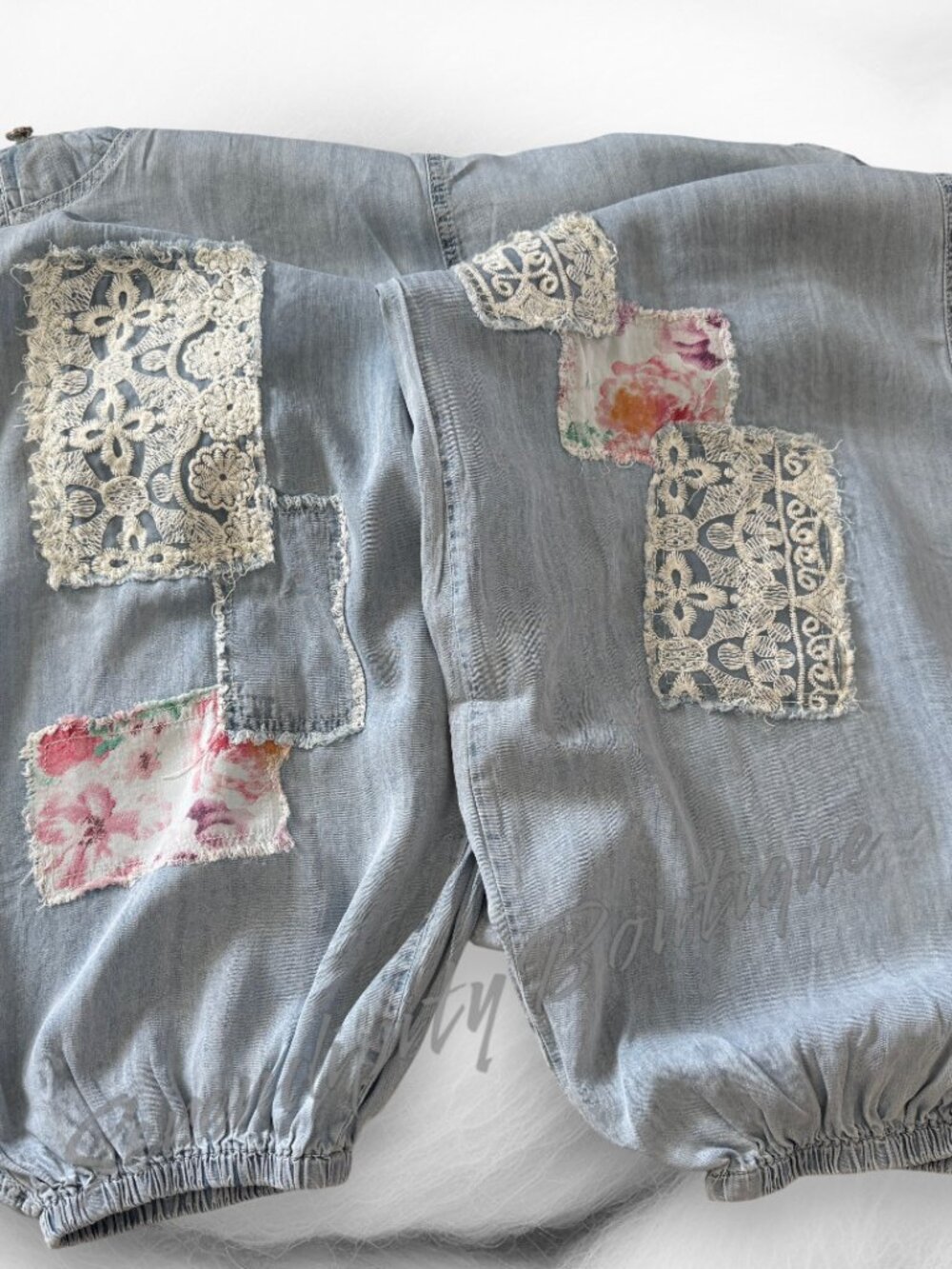 POL Sweet Boho Baby Faded Denim Floral & Lace Patchwork Girly Suspender Overalls - Picture 7 of 10